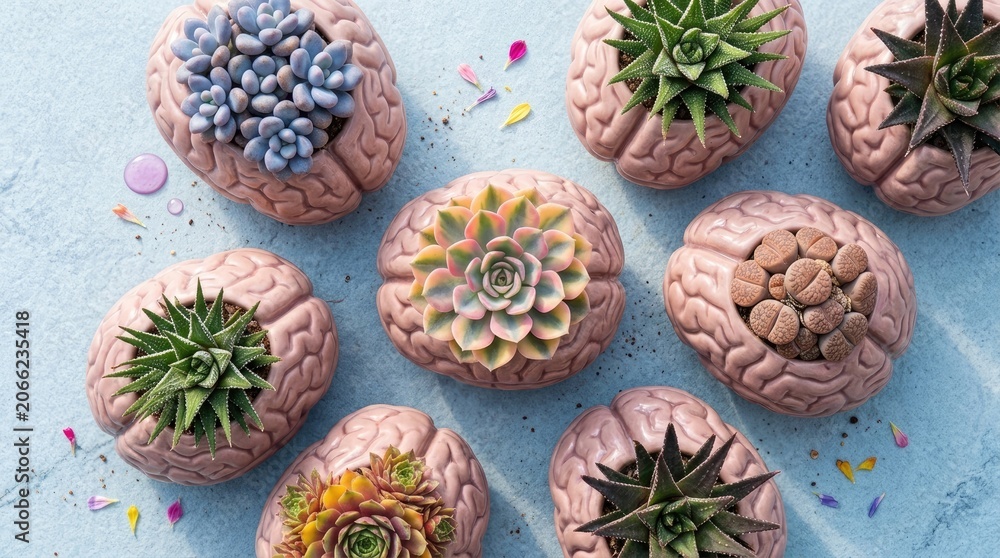 Fototapeta premium Brain planters with succulents and cacti on blue background