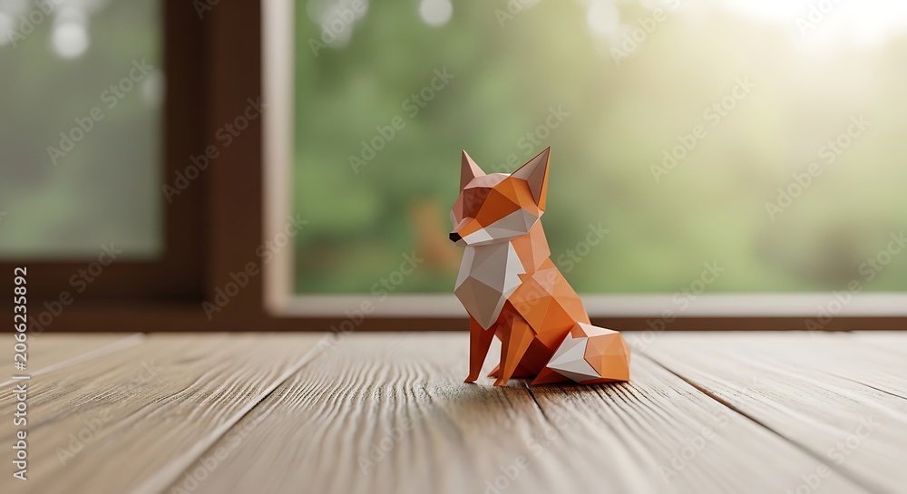 Fototapeta premium A low-poly fox sits on a wooden deck in front of a large window with greenery outside