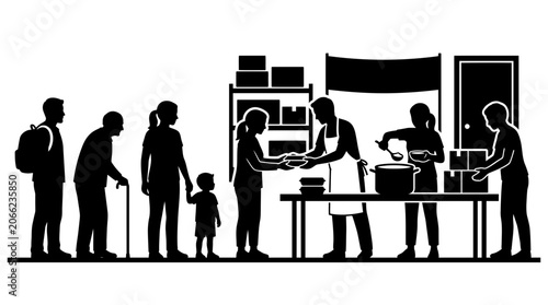 People waiting in line for food.