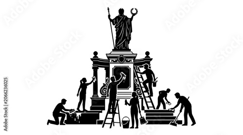 Workers restoring a large statue.