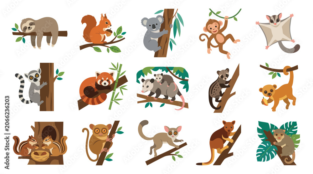Obraz premium Cute Arboreal Animals Flat Vector Illustration Set. Diverse Wildlife Creatures in Trees, Forest, and Jungle.