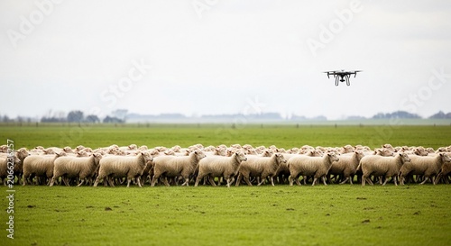 A large flock of sheep moving across a green field with a drone monitoring from above