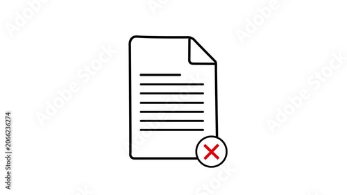 Animated Document File Failure Icon with Red Cross Mark on Isolated White Background,4k video animation.
