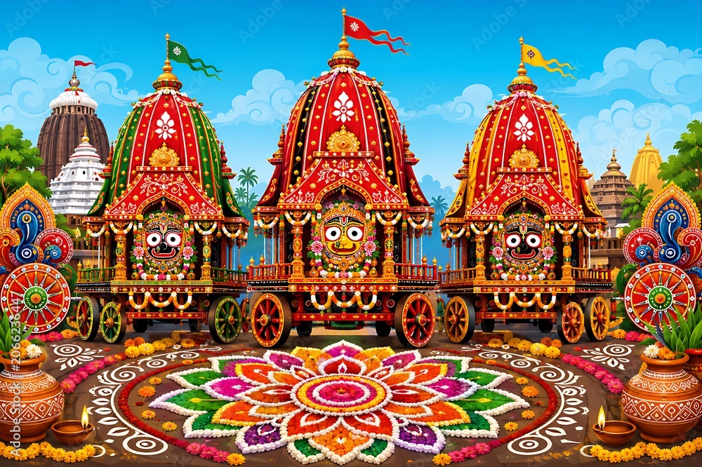 Fototapeta premium Divine Journey of Lord Jagannath Rath Yatra Gundicha Yatra Yatra Snana Yatra Anavasara Suna Besha Niladri Bije Akshaya Tritiya Rama Navami and Narasimha Jayanti