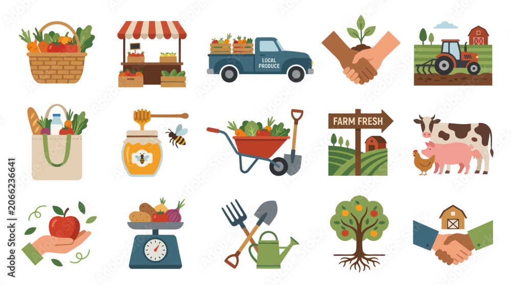 Fototapeta premium Flat Vector Agriculture and Farming Icons Set: Farm Fresh Produce, Animals, Tools, and Market Symbols