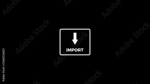 Animated Data Import Icon Button with Downward Arrow on Isolated Black Background, download button icon, direction arrow icon for files download in 4k.