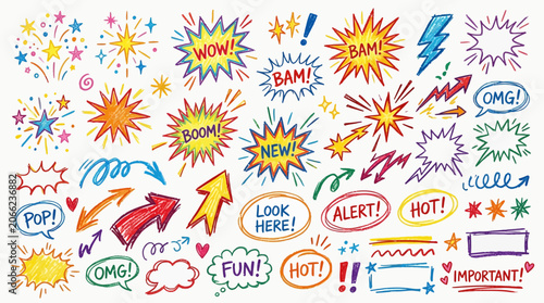 Explosive comic book style sound effects and action elements for design and graphic illustration
