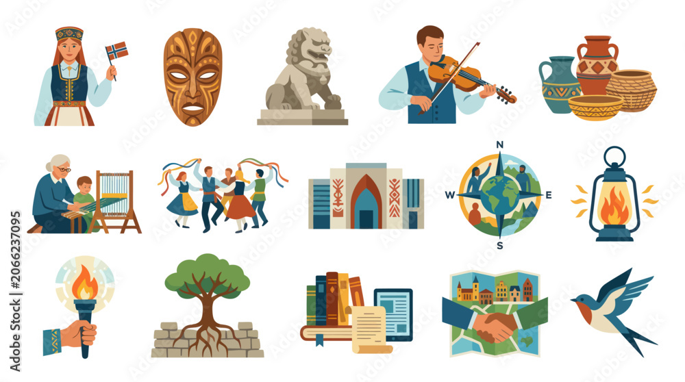 Fototapeta premium Global Culture, Heritage, Education, and Travel Flat Vector Illustration Set with Traditional Symbols