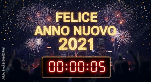 A digital graphic depicting a cityscape at night with fireworks and a countdown timer