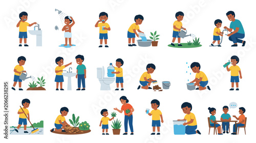 Children's Daily Water Habits  Eco-Friendly Chores Education Flat Vector Illustration