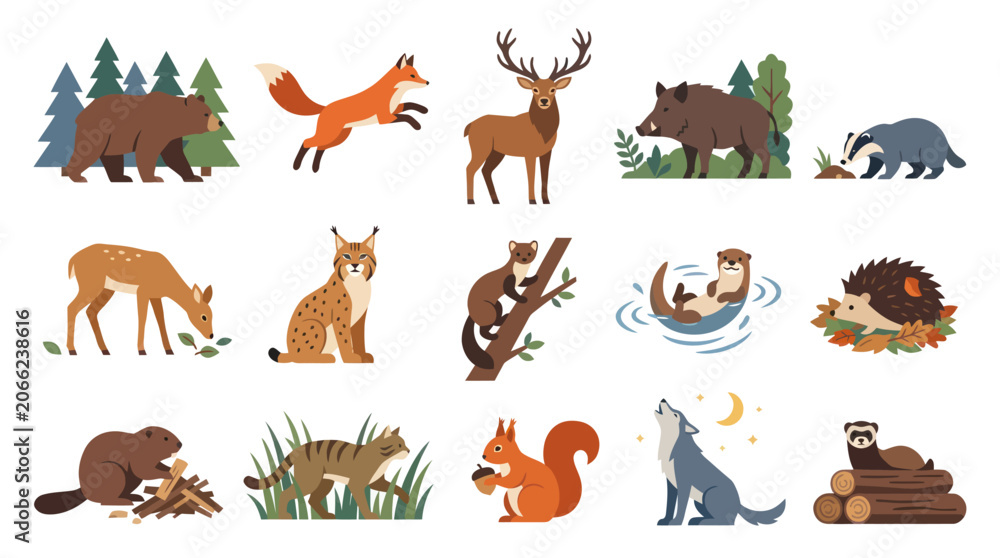 Obraz premium Flat Style Vector Icons of Forest Animals in Nature