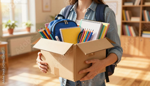 Young woman with cardboard box full of school supplies indoors, closeup