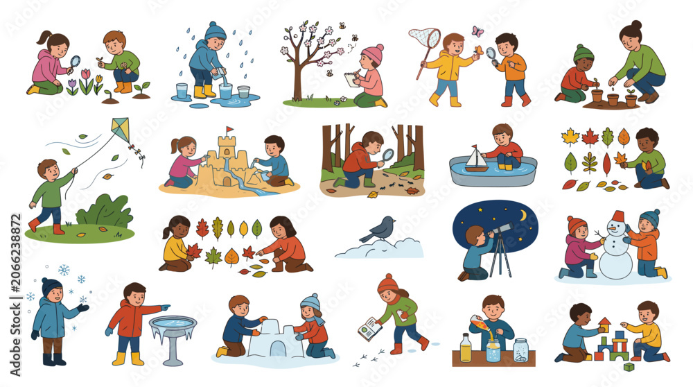 Fototapeta premium Children Enjoying Outdoor Activities and Seasons in Flat Vector Art Style