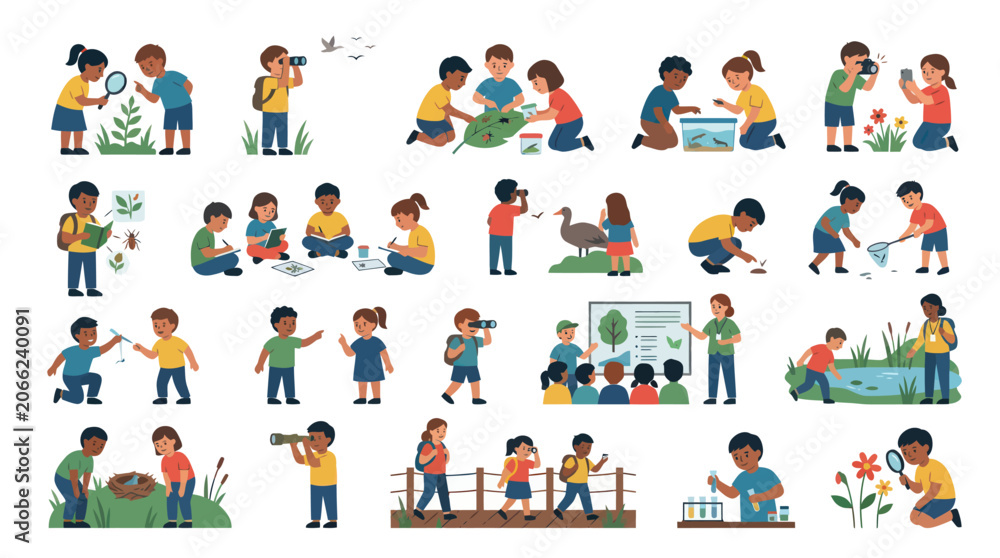 Fototapeta premium Children exploring nature and science outdoors, flat vector illustration
