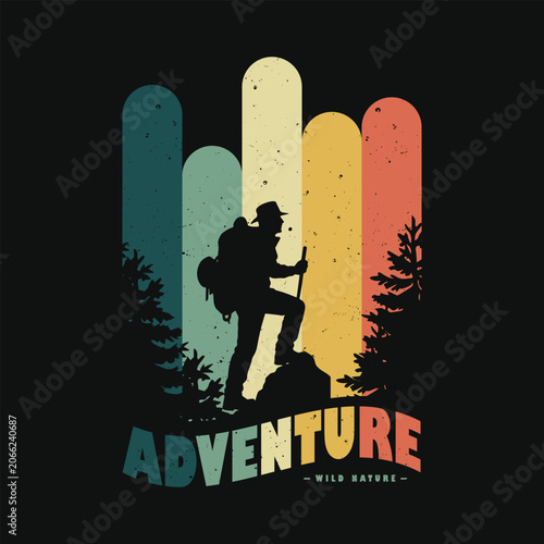 Vintage Adventure Hiker Silhouette Wild Nature Outdoor T-Shirt Design