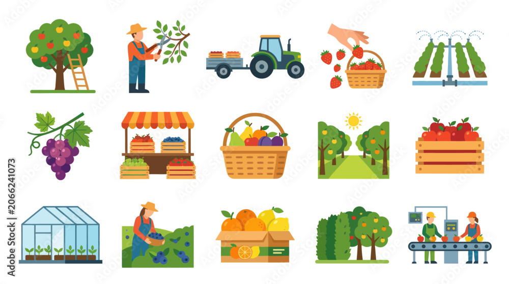 Naklejka premium Agriculture and Fruit Production Flat Vector Illustration Set. Farm work, Harvesting, Orchard, Market Icons