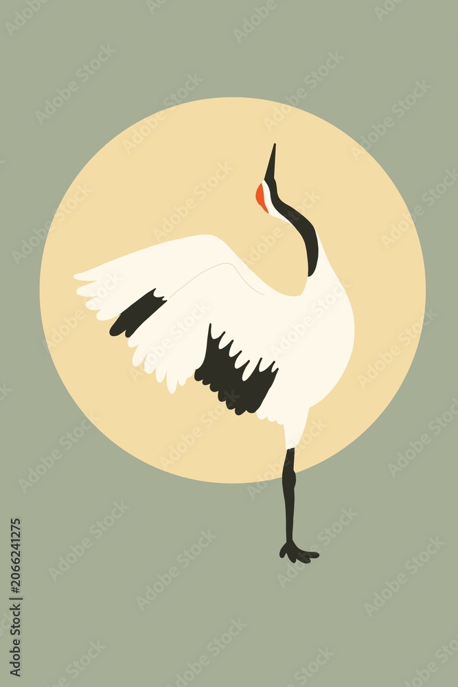 Fototapeta premium Elegant Crane with Moon Circle, Korean art, Zen Wall Art Poster