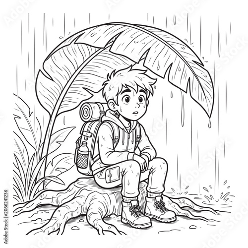 Cute Camper Staying Dry Under Giant Leaf Rain Coloring Page Illustration
