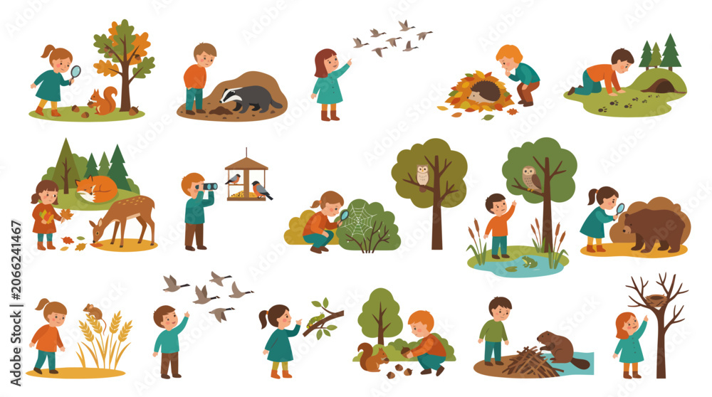 Obraz premium Children Exploring Nature Wildlife: Educational Flat Vector Illustration Set