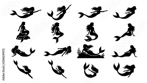 Canvas-taulu Mermaid Silhouette Vector Set - Mythical Sea Creature Icons