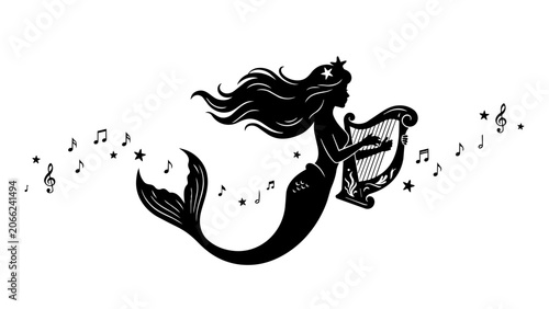Bild auf Leinwand Mermaid playing harp silhouette vector illustration with musical notes