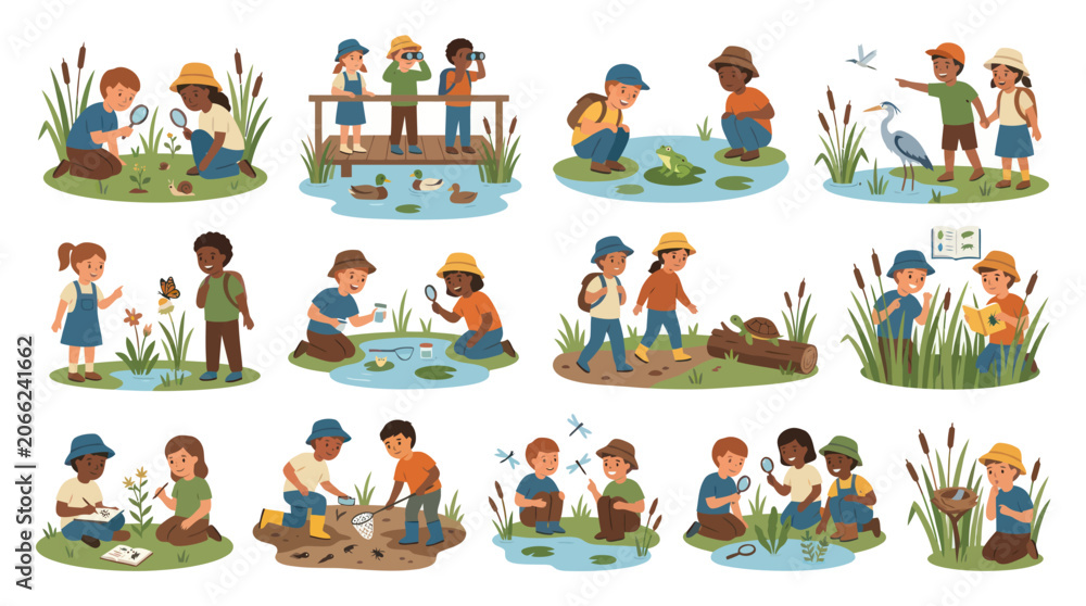 Fototapeta premium Children Exploring Nature and Wildlife with Magnifying Glasses and Binoculars
