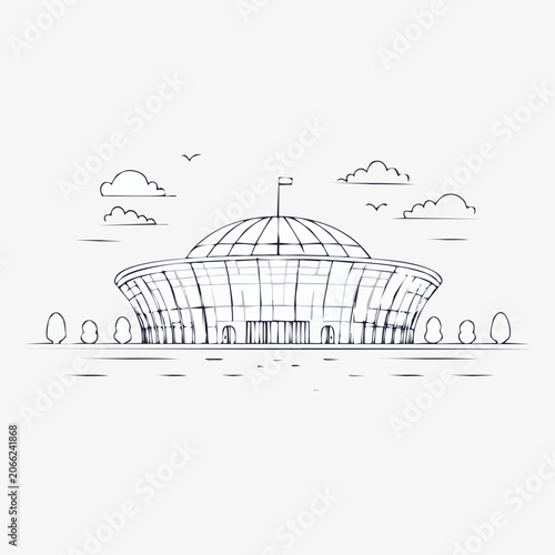 Minimalist hand-drawn sketch of a modern stadium building.