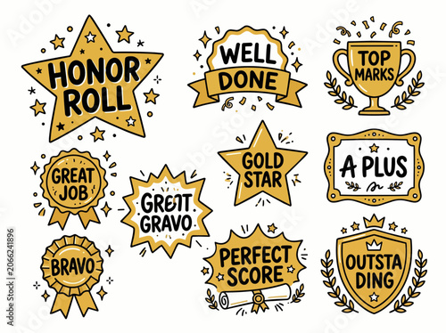 Vector school achievement badges, gold star stickers, and honor roll labels, education icons set