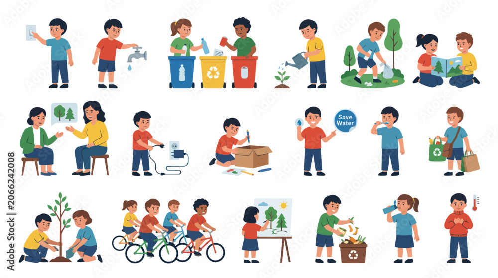 Fototapeta premium Kids practicing eco-friendly habits like recycling, saving water, planting trees, and biking