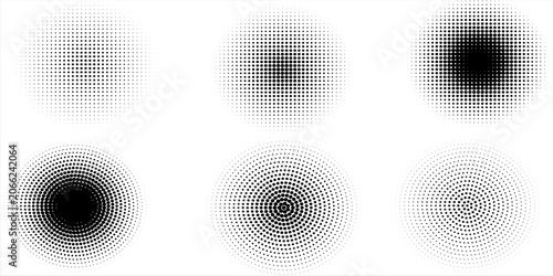 PrintHalftone gradient circles collection. Dots textured round patterns. Cartoon comic radial faded background set. Abstract pixelated elements for frame, poster, collage, banner, flyer. Vector bundle