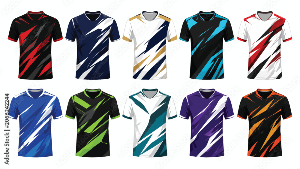 Fototapeta premium Collection of vibrant Soccer Jersey Pattern designs in various colors and styles, football jersey pattern set
