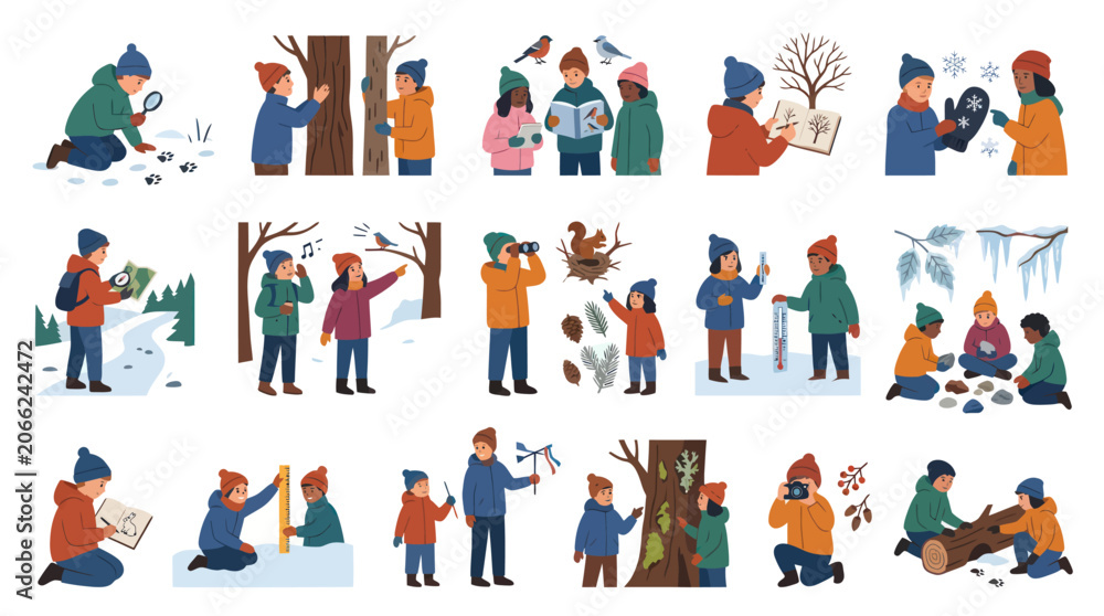Fototapeta premium Children learning about nature in winter, flat vector illustration