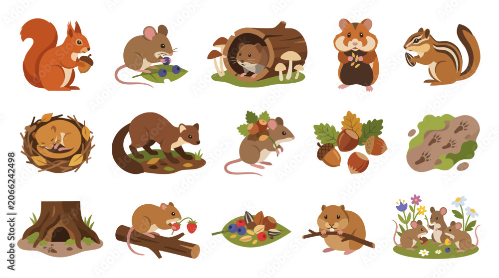 Obraz premium Cute Forest Animals Vector Set. Woodland Mammals Rodents: Squirrel, Mouse, Hamster, Chipmunk Flat Cartoon Illustration
