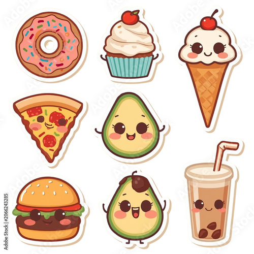 Adorable Kawaii Food Stickers A delightful collection of smiling cartoon illustrations featuring popular snacks, desserts, and drinks, perfect for playful graphic designs