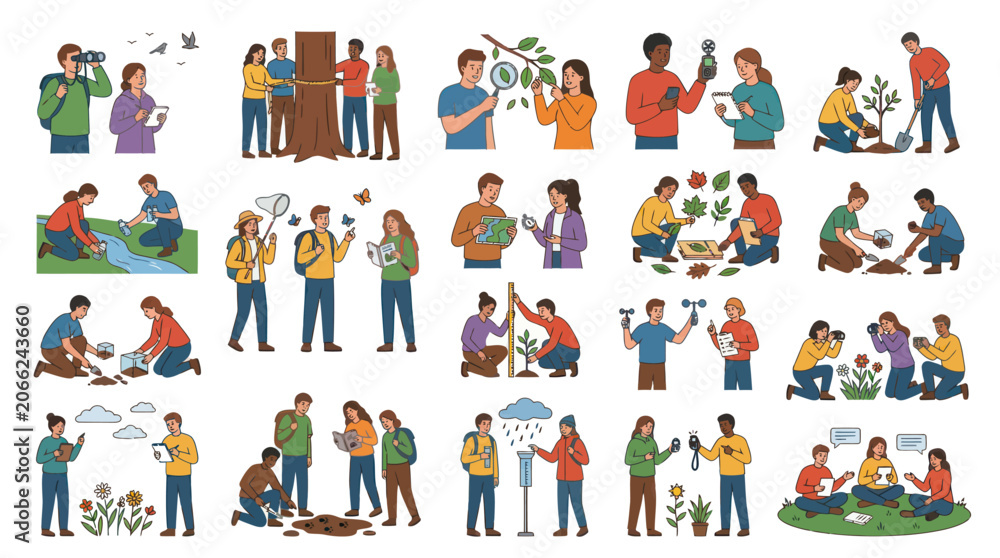 Fototapeta premium Environmental Science Ecology Flat Vector Illustration Set: People Studying Nature Researching Environment