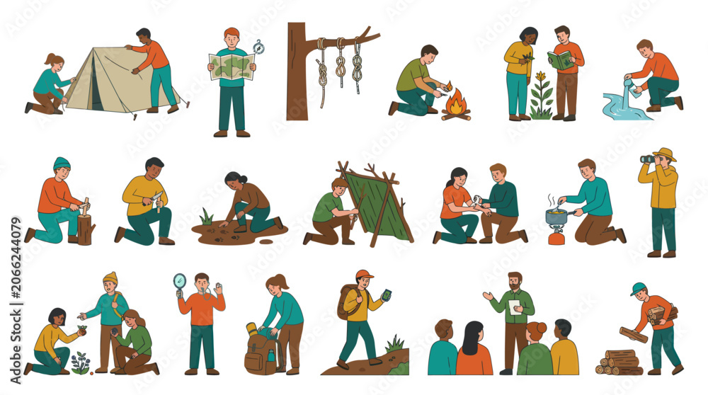 Fototapeta premium Outdoor Camping Activities Survival Skills Vector Set - Flat Illustration