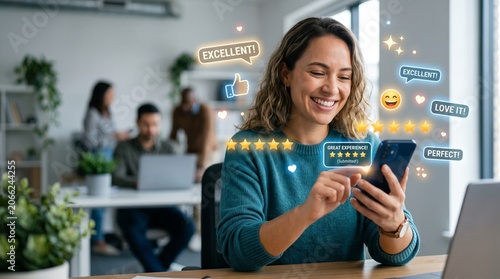 Woman reviews feedback on her phone with coworkers in background office