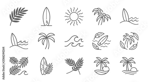 Palm trees and surf lifestyle outline icon collection.