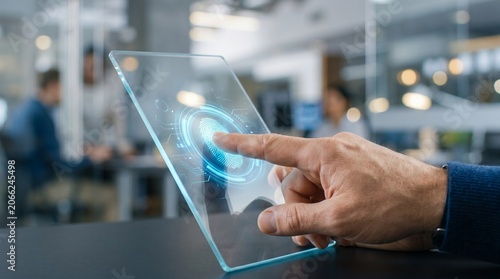 A person interacts with a futuristic tablet displaying a blue interface in an office.