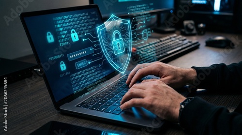 Person typing on laptop with cybersecurity shield and lock icons on screen