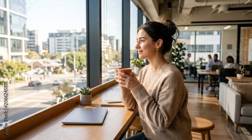 A woman sits by a large window in a modern cafe, sipping coffee while looking outside at the cityscape with a thoughtful expression.