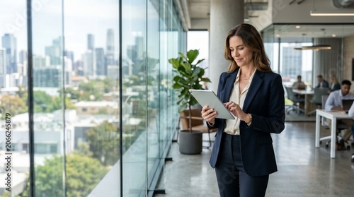 Businesswoman standing in office with city view holding tablet smiling