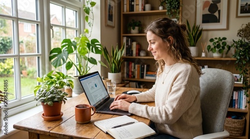 Woman sits at desk typing on laptop surrounded by plants indoors.