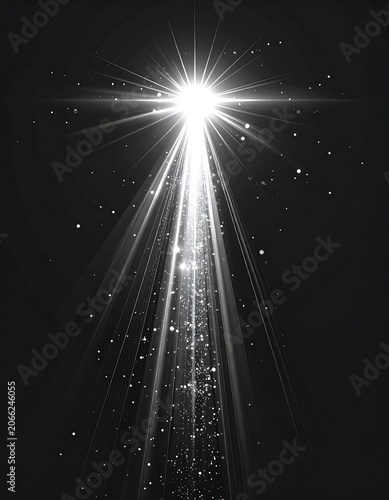 A bright light shines with rays extending downwards through sparkles