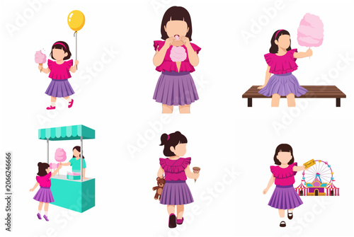 Set of little girl characters enjoying carnival activities at amusement park with cotton candy and ferris wheel