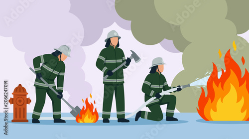 Fényképezés Firefighters battling a large blaze with hose, axe, and shovel