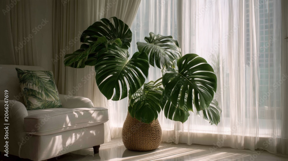 Fototapeta premium Lush Green Indoor Plant in Stylish Pot by Sunlit Window with Sheer Curtains, Elegant Living Room Decor Boosting Natural Aesthetics