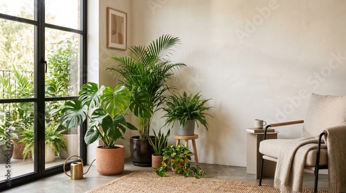 A serene living room interior with various plants on a rug beside a chair near a large window.