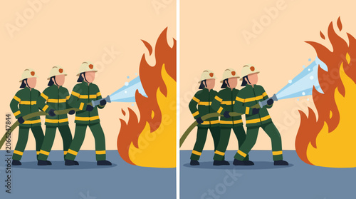 Vászonkép Firefighters in uniform battling a large fire with a water hose