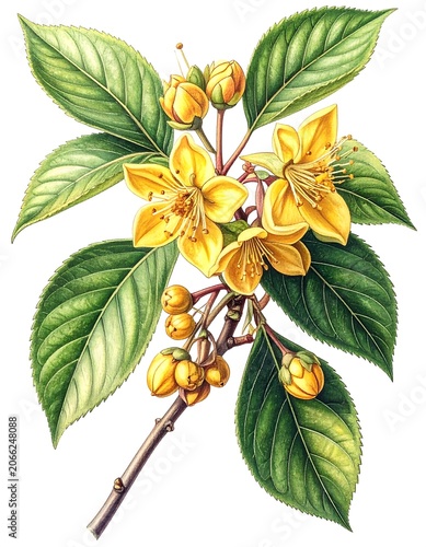 A botanical illustration of a flowering branch with yellow blossoms and green leaves on a white background